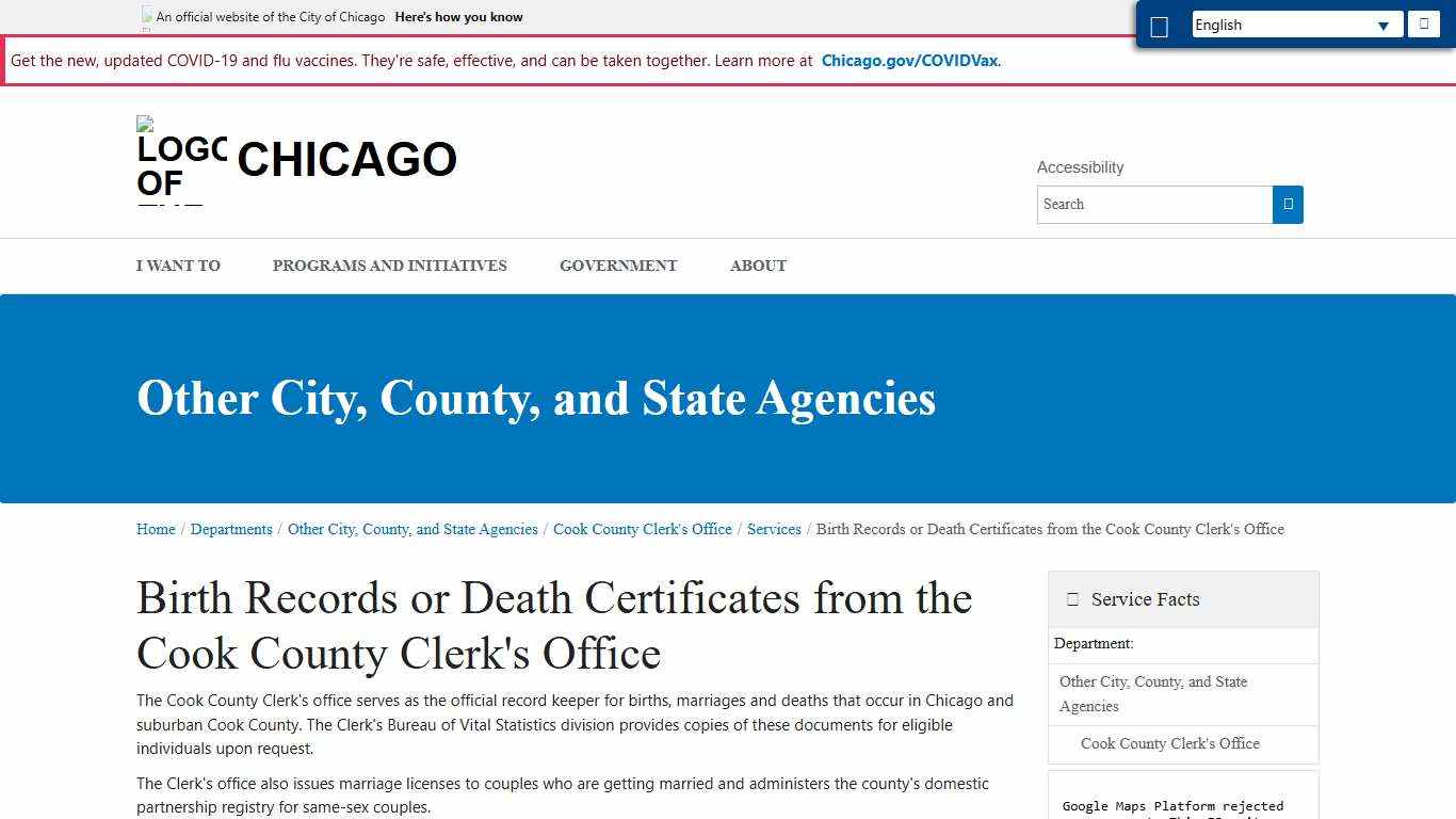 City of Chicago :: Birth Records or Death Certificates from the Cook County Clerk's Office